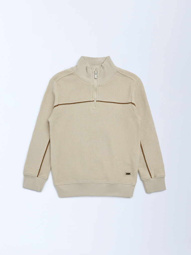 HOP Kids Boys Beige Knitted Quarter-Zip Cotton Sweatshirt