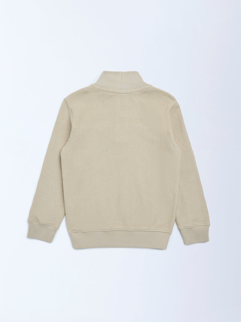 HOP Kids Boys Beige Knitted Quarter-Zip Cotton Sweatshirt