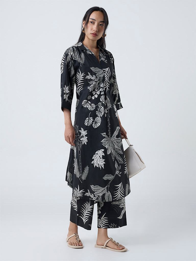 Utsa Black Foliage Design Cotton A-Line Kurta