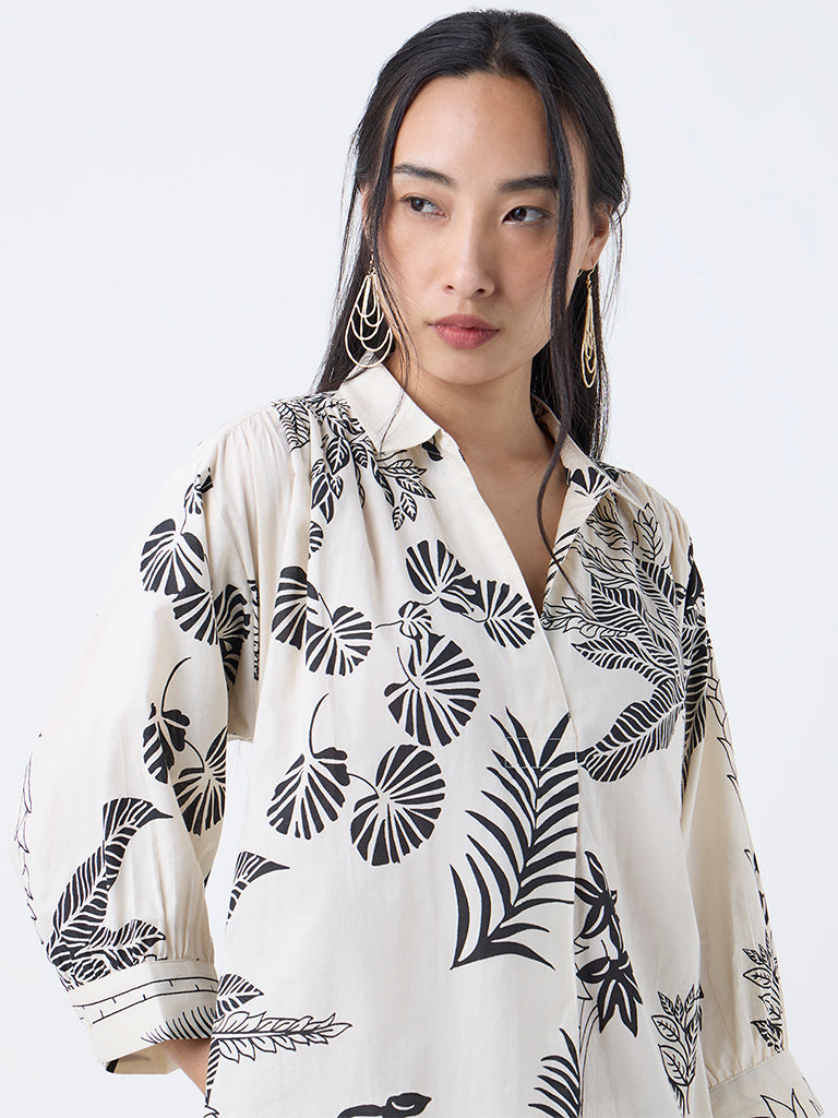 Utsa Off-White Foliage Design Cotton A-Line Kurta
