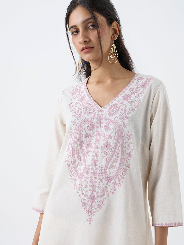 Utsa Off-White Embroidered Cotton-Blend A-Line Kurta