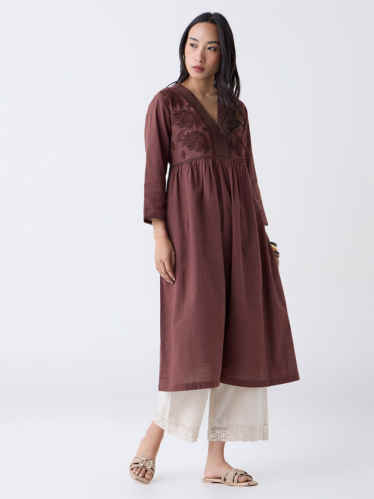 Utsa Dark Brown Embroidered Fit-and-Flare Cotton Kurta
