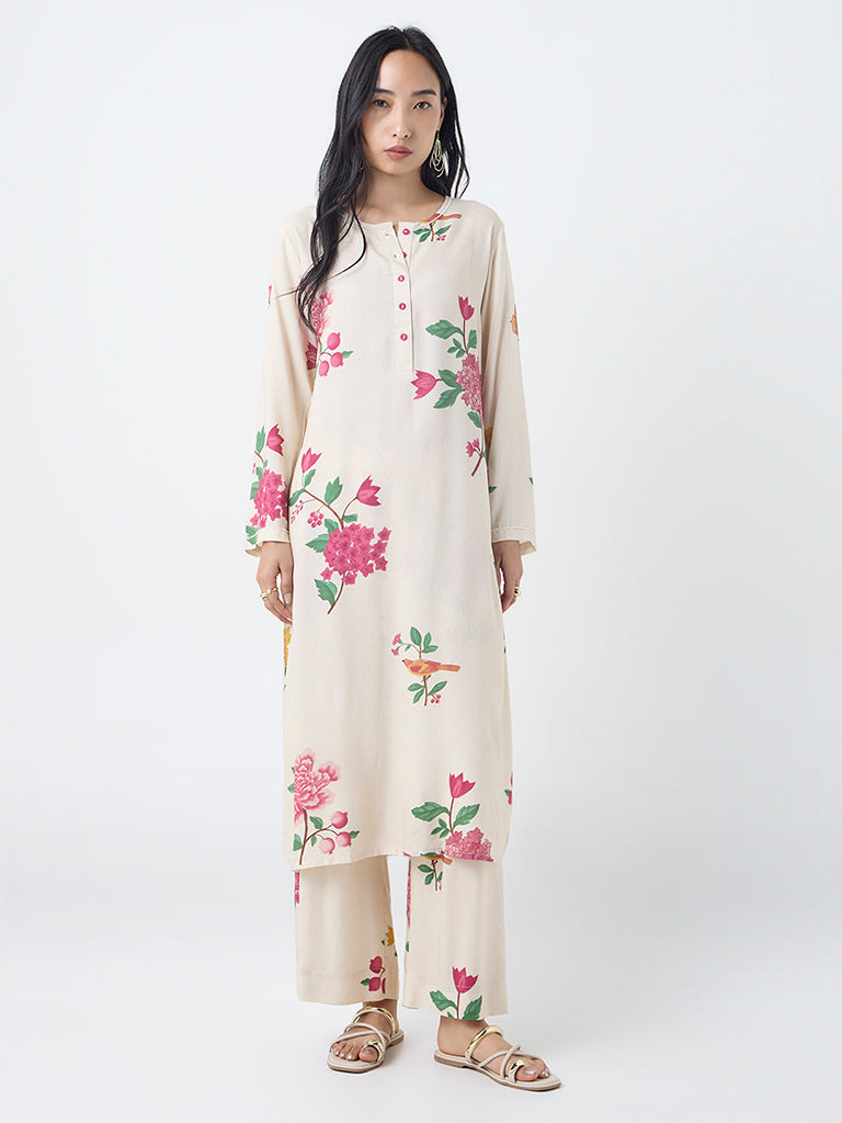 Utsa Cream Botanical Design A-Line Kurta