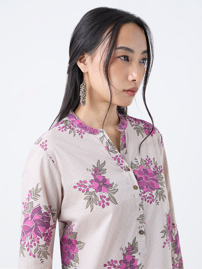 Utsa Beige Floral Design Straight Cotton Kurta