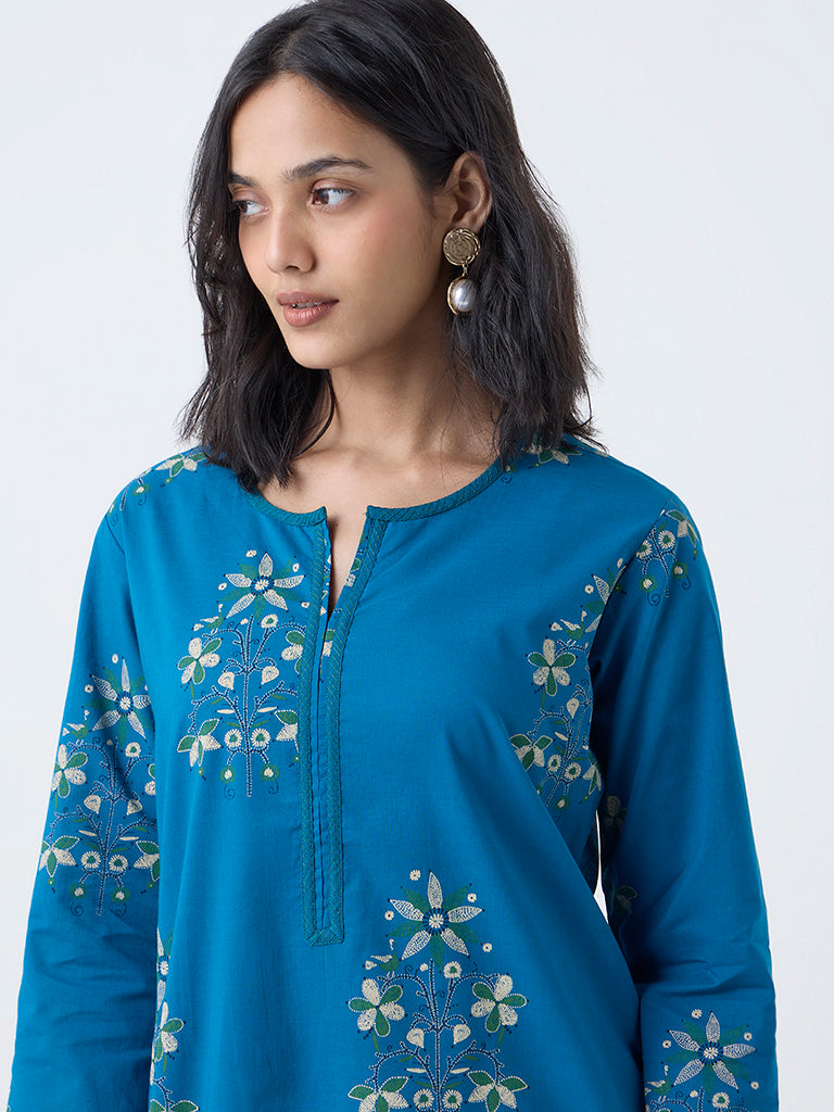 Utsa Blue Foliage Print Cotton Straight Kurta