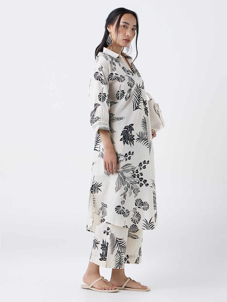 Utsa Off-White Foliage Printed Cotton Ethnic Pants