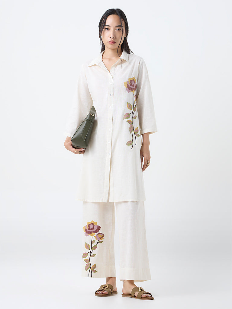 Utsa Off-White Floral Embroidered Cotton Pants