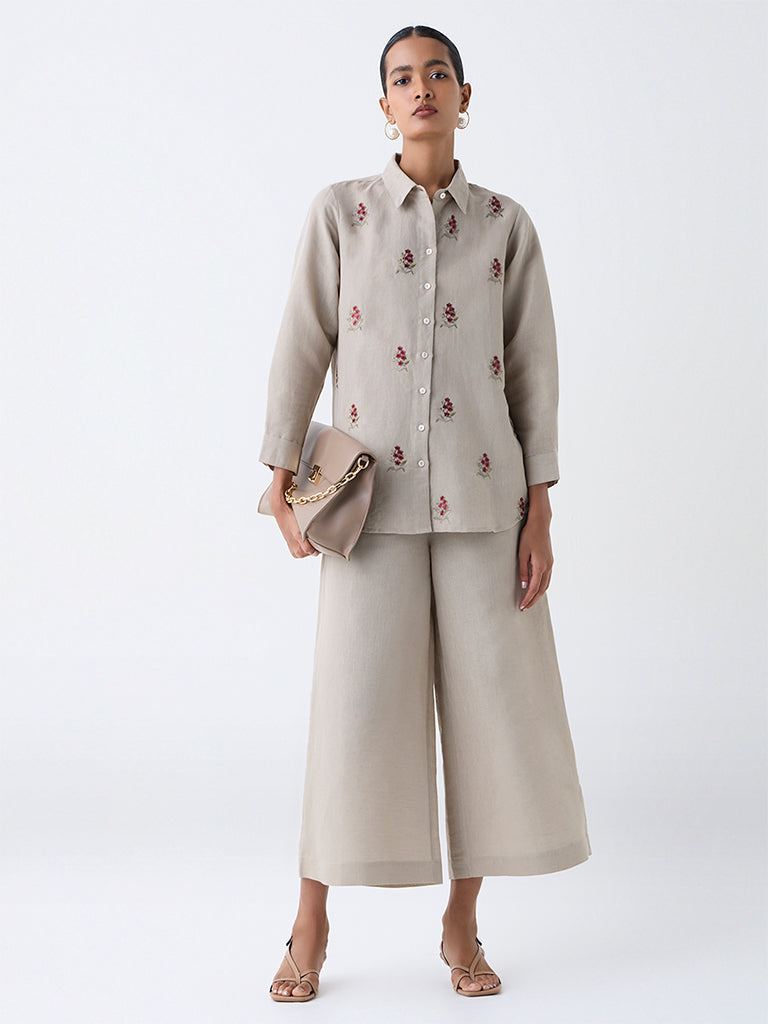 Zuba Taupe Floral Embroidered Linen-Blend Tunic
