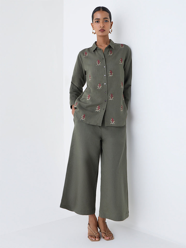 Zuba Olive Floral Embroidered Linen-Blend Tunic