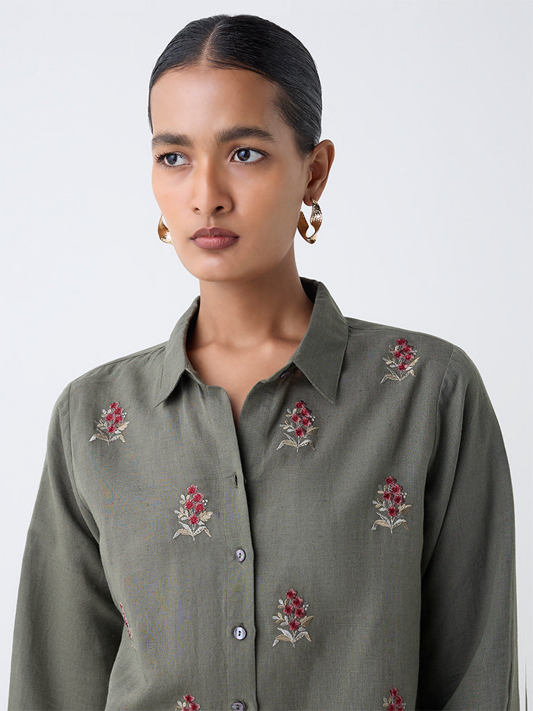 Zuba Olive Floral Embroidered Linen-Blend Tunic