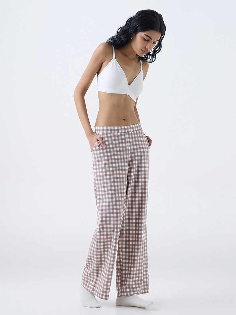 Superstar Brown Checks High-Rise Cotton-Blend Pants