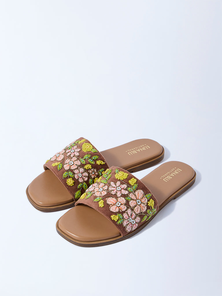 LUNA BLU Tan Floral Embroidered Slides