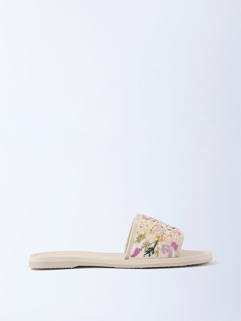 LUNA BLU Cream Floral Embroidered Slides - Exclusive