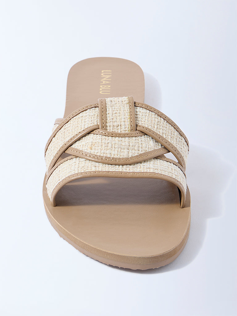 LUNA BLU Taupe Raffia-Textured Multi-Strap Slides - Exclusive