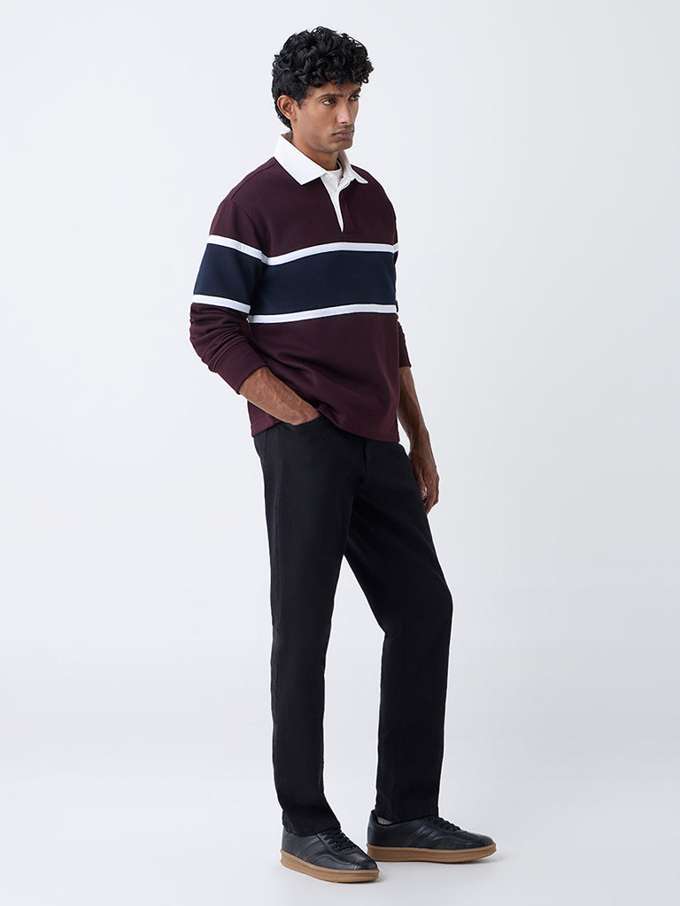 WES Casuals Wine Colour-Blocked Relaxed-Fit Polo T-Shirt