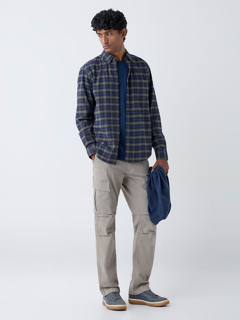 WES Casuals Navy Check Design Relaxed-Fit Cotton Shirt