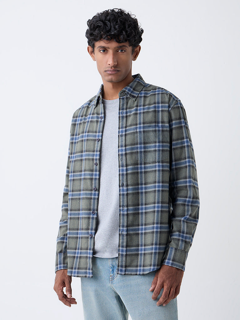 WES Casuals Sage Checks Relaxed-Fit Cotton-Blend Shirt