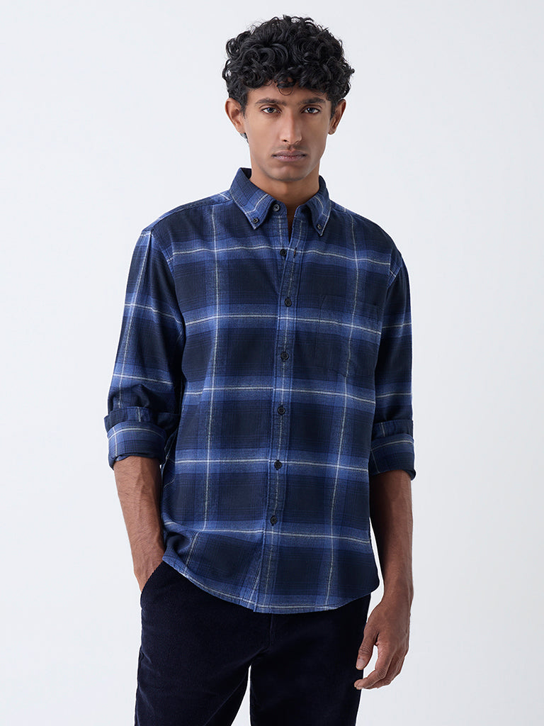 WES Casuals Navy Checkered Relaxed-Fit Cotton Shirt