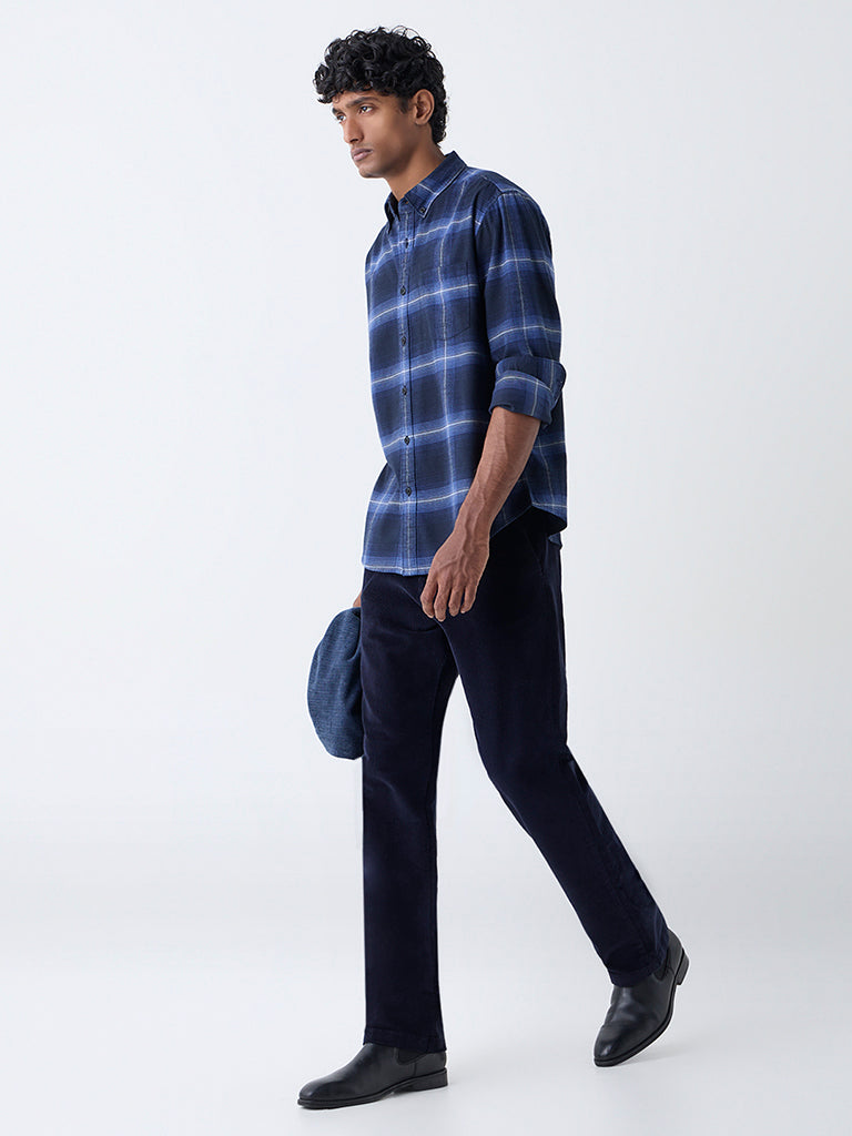 WES Casuals Navy Checkered Relaxed-Fit Cotton Shirt