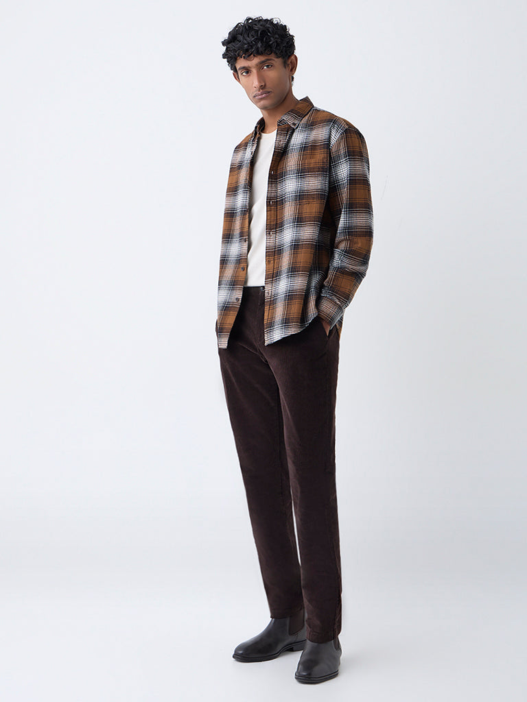 WES Casuals Brown Checkered Relaxed-Fit Cotton Shirt