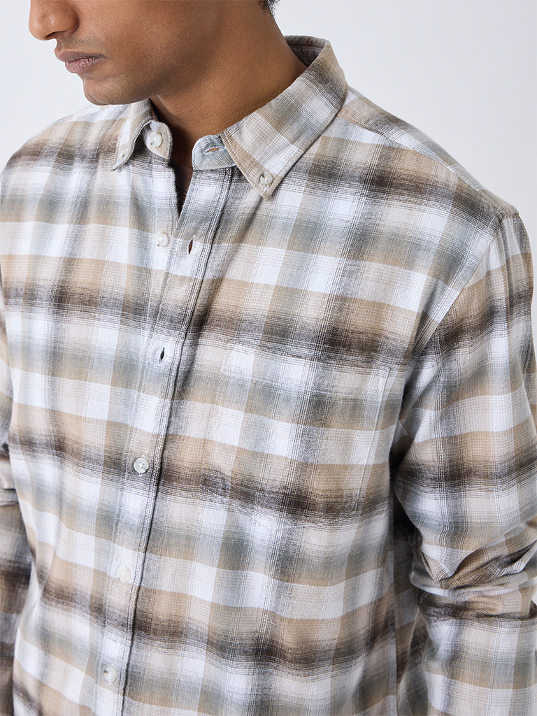 WES Casuals Brown Checks Design Relaxed-Fit Cotton Shirt