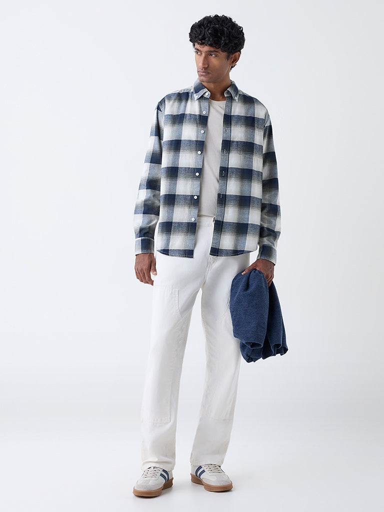 WES Casuals Navy Checks Pattern Relaxed-Fit Cotton Shirt