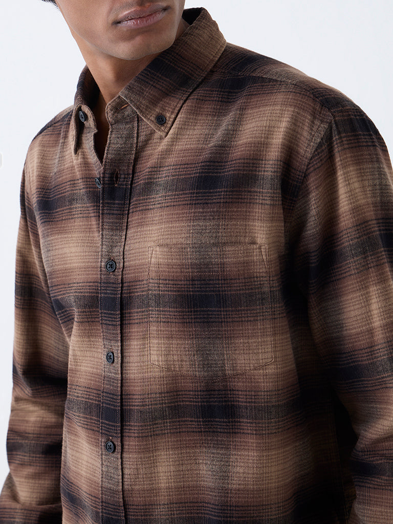 WES Casuals Brown Checks Printed Relaxed-Fit Cotton Shirt