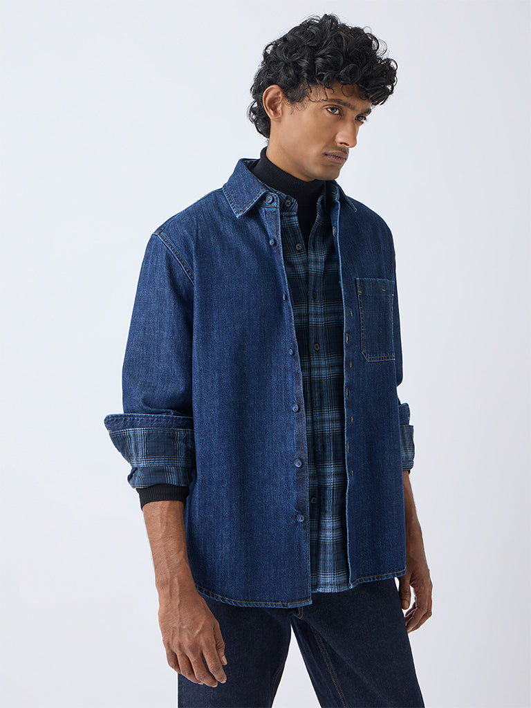 WES Casuals Dark Blue Relaxed-Fit Denim Shirt