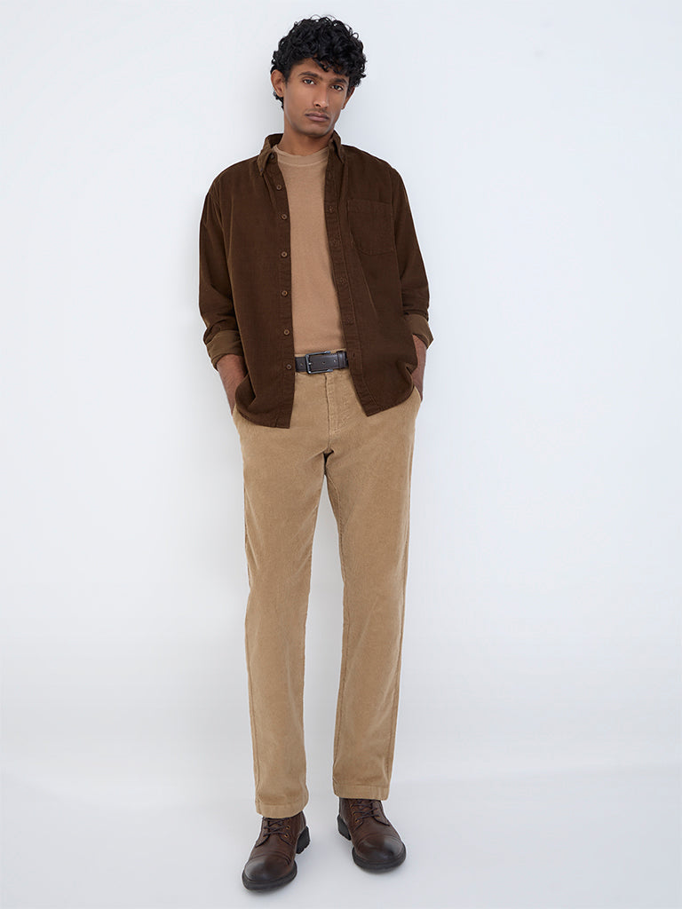 WES Casuals Brown Slim-Fit Corduroy Shirt