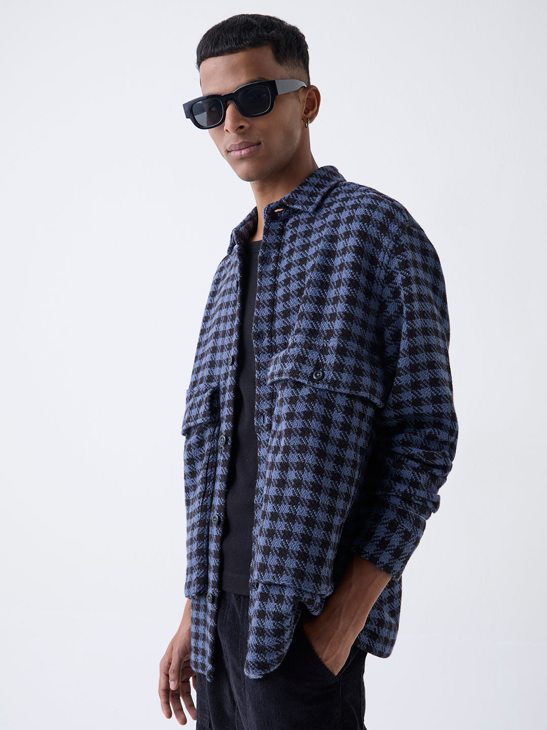 Nuon Blue Houndstooth Checkered Relaxed-Fit Cotton Jacket