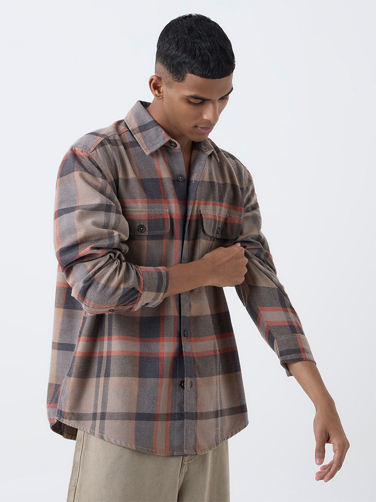 Nuon Brown Checkered Relaxed-Fit Cotton-Blend Shirt