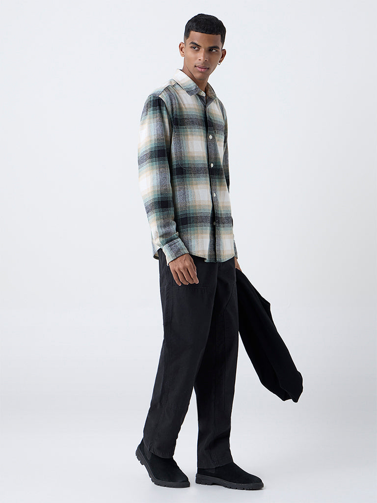 Nuon Green Checkered Relaxed-Fit Cotton Shirt
