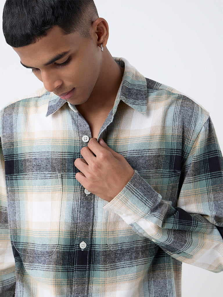 Nuon Green Checkered Relaxed-Fit Cotton Shirt
