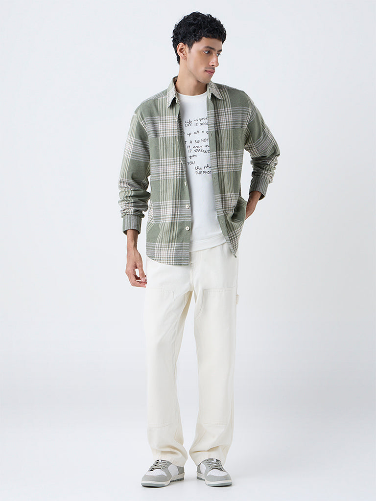 Nuon Green Checkered Relaxed-Fit Cotton Shirt