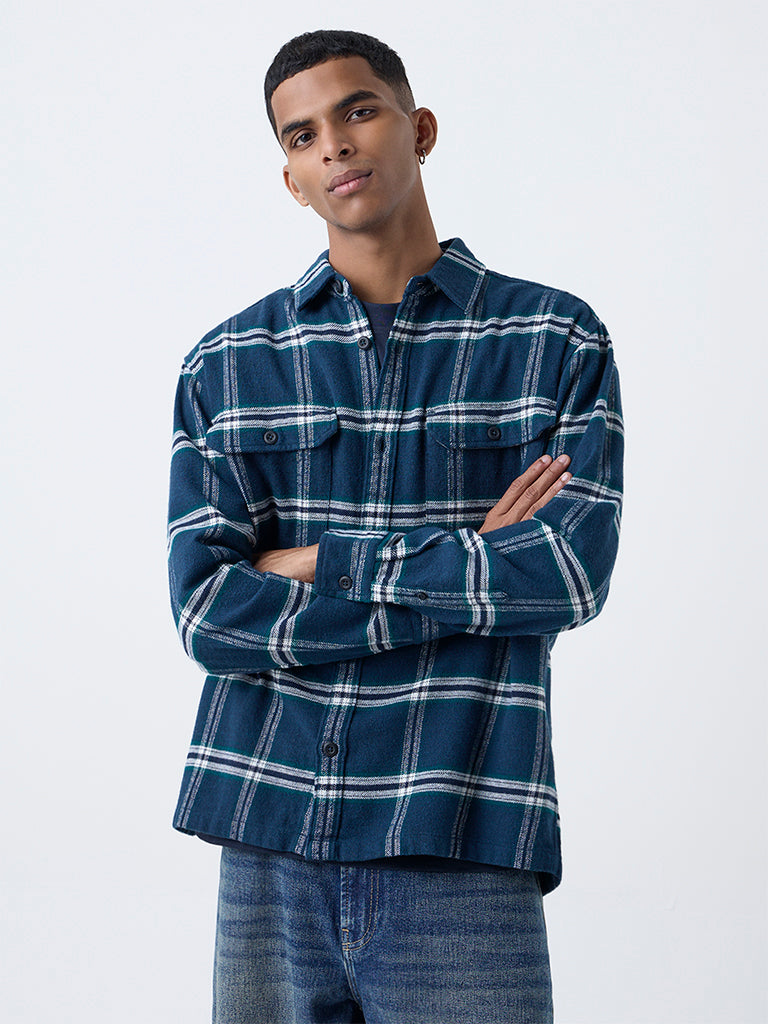 Nuon Dark Blue Checkered Relaxed-Fit Cotton Shirt