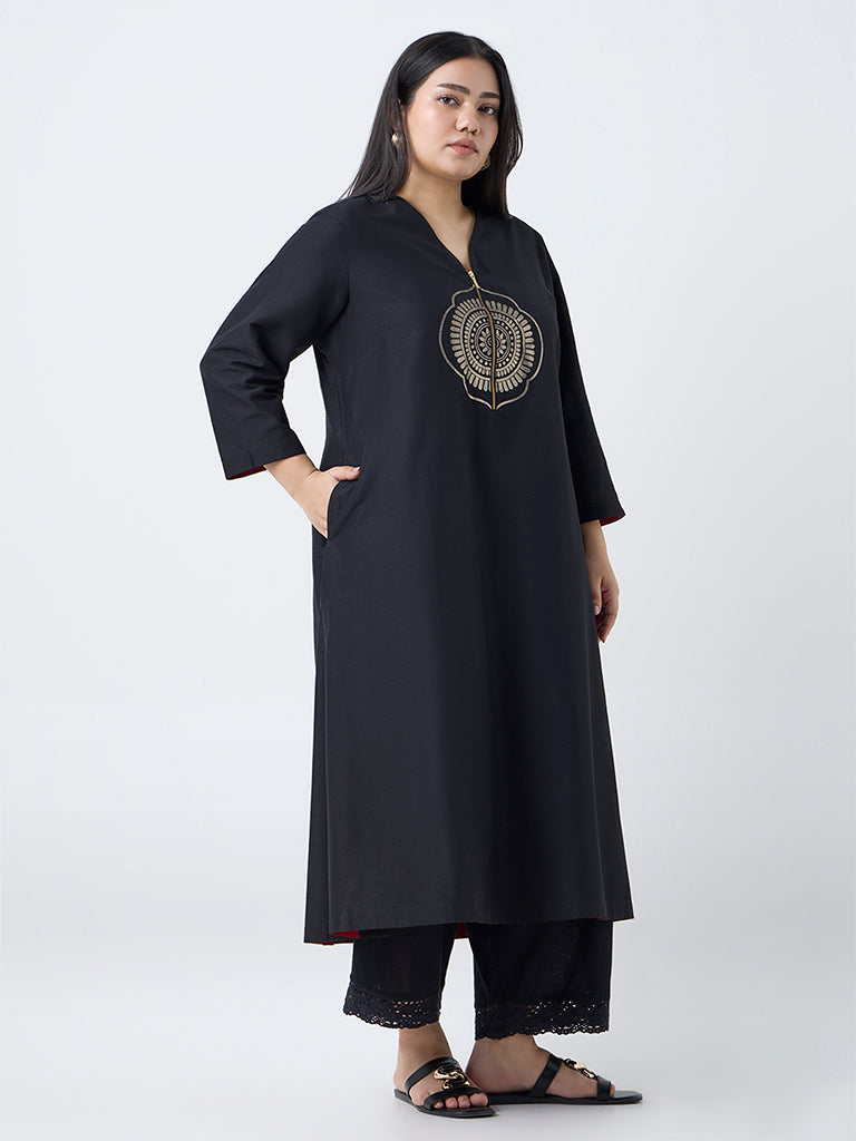 Diza Black Printed Quarter-Zip A-Line Kurta