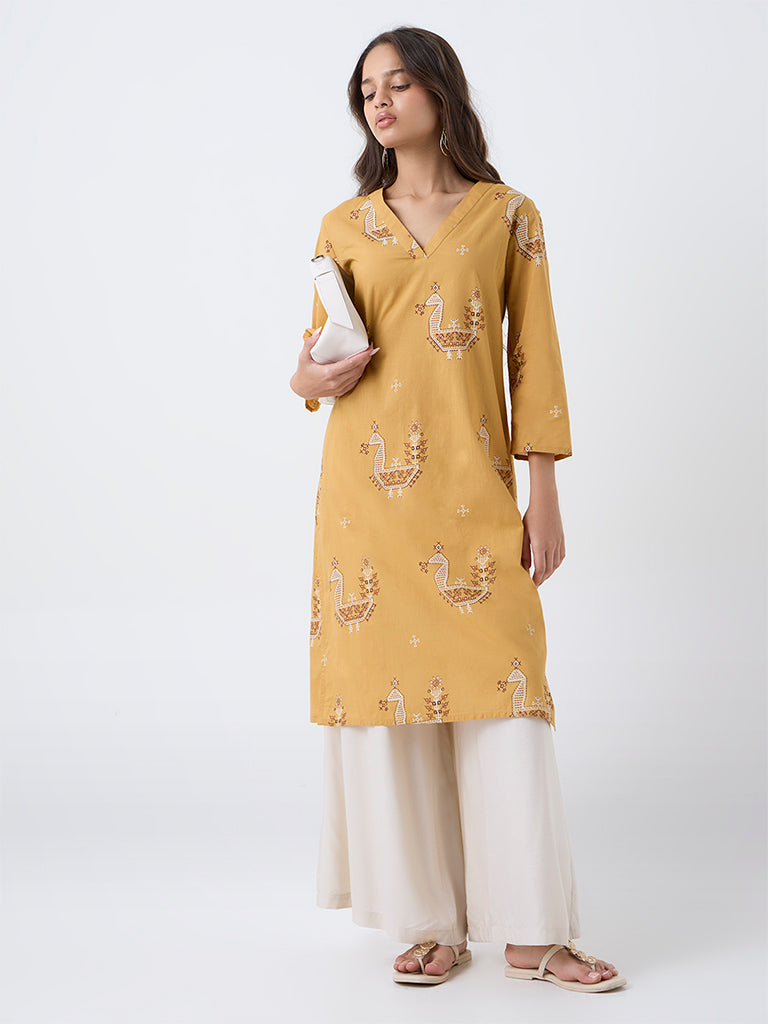 Utsa Mustard Printed Cotton Straight Kurta