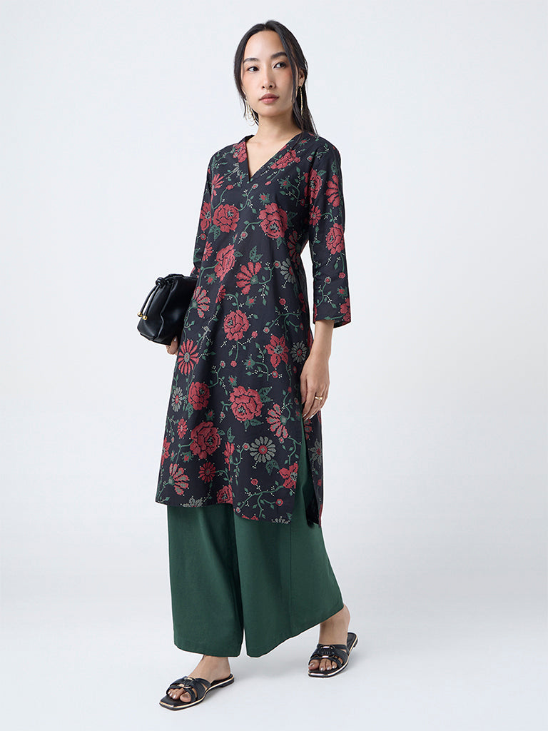 Utsa Black Floral Design Straight Cotton Kurta
