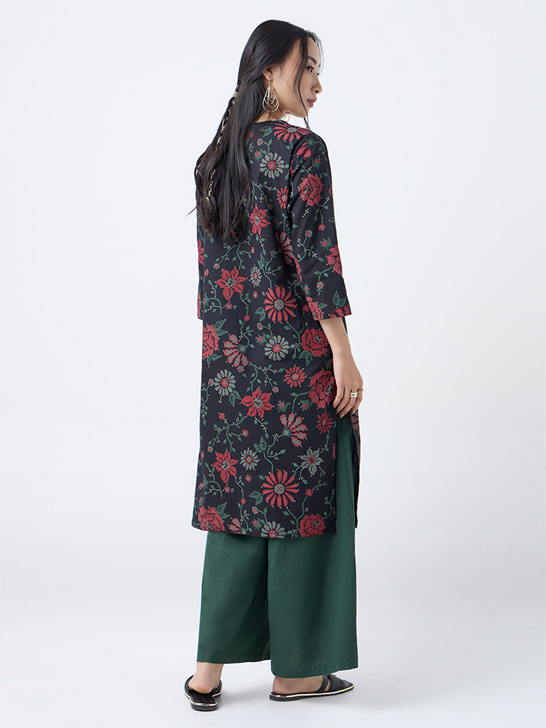 Utsa Black Floral Design Straight Cotton Kurta