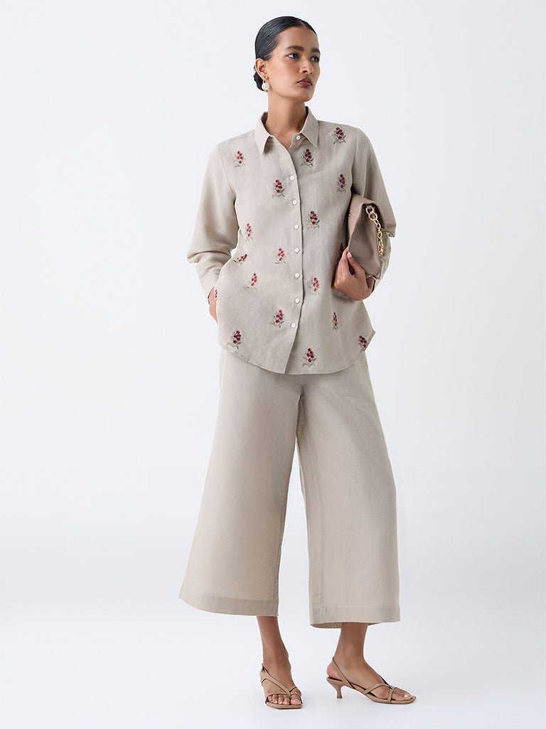 Zuba Taupe Solid Linen-Blend Ethnic Pants