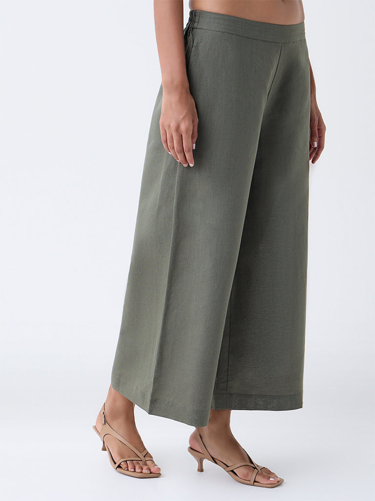 Zuba Olive Solid Linen-Blend Ethnic Pants