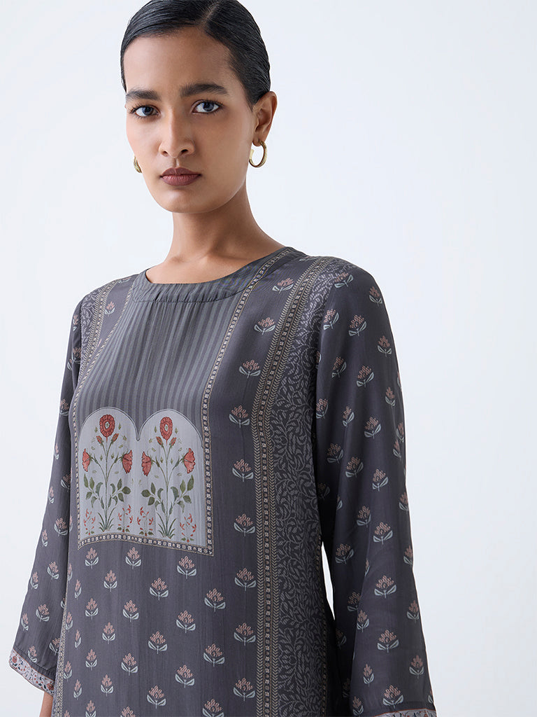 Zuba Grey Floral Pattern A-Line Kurta