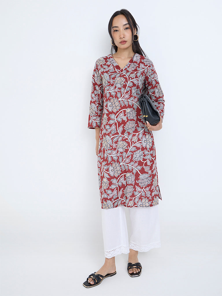 Utsa Maroon Floral Pattern Straight Cotton Kurta