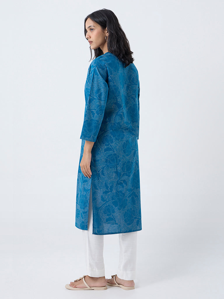 Utsa Blue Floral Design Cotton Straight Kurta