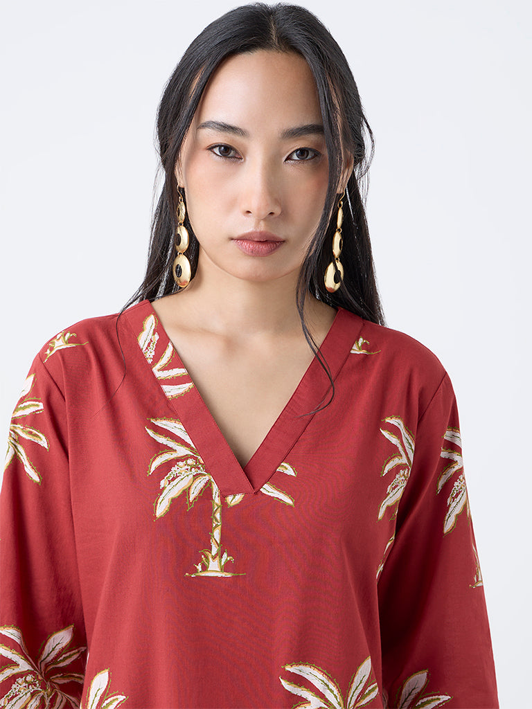 Utsa Red Tropical-Inspired Straight Cotton Kurta