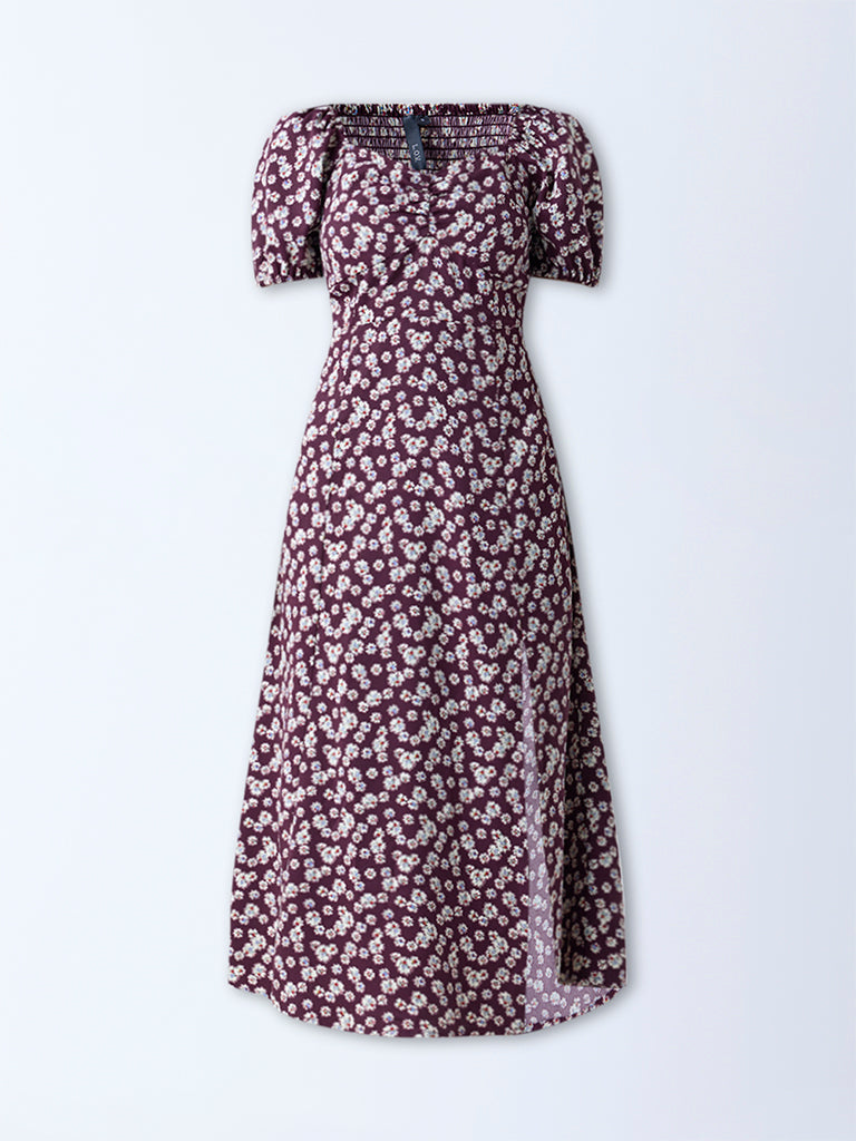 LOV Plum Floral Detailed A-Line Dress