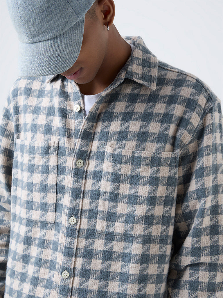 Nuon Dusty Blue Check Detailed Relaxed-Fit Cotton Shirt