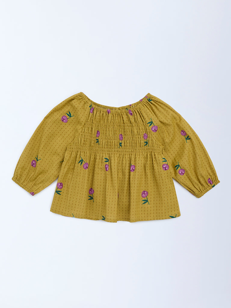 Utsa Kids Girls Mustard Floral Cotton-Blend Top - (2-8 yrs)