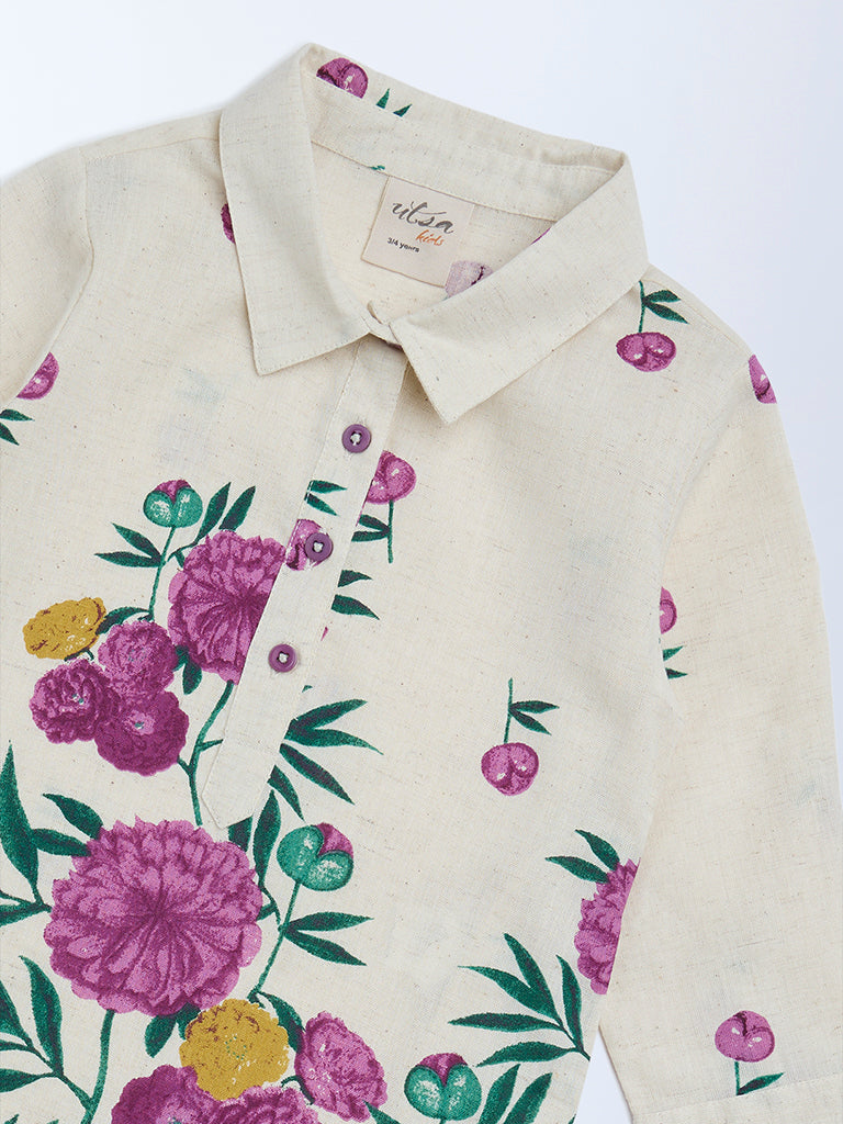 Utsa Kids Girls Off-White Floral Cotton-Blend Tunic - (2-8 yrs)