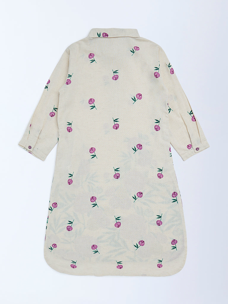 Utsa Kids Girls Off-White Floral Cotton-Blend Tunic - (8-14 yrs)